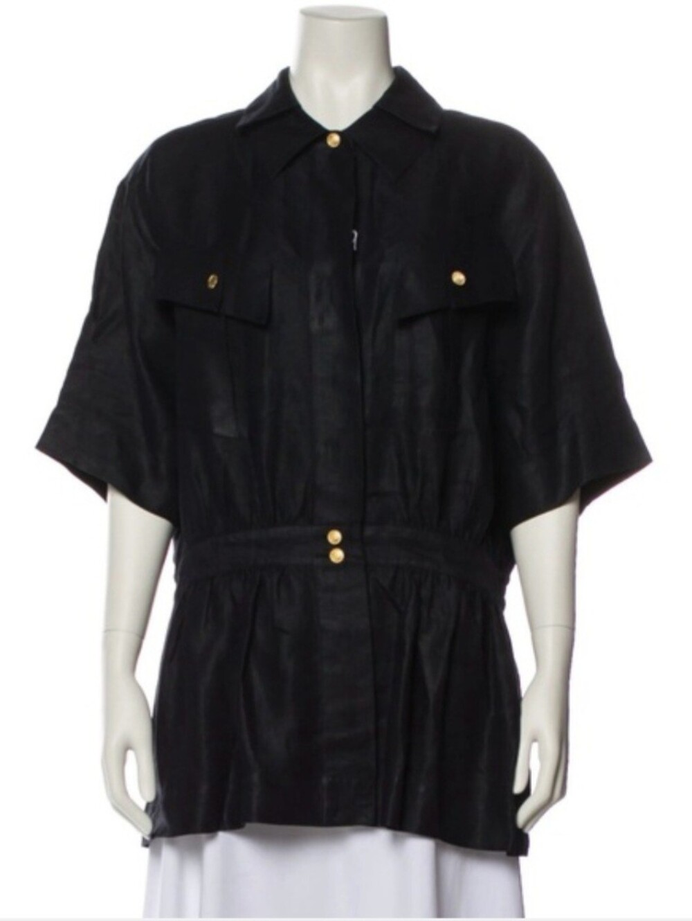 CHANEL Vintage Black Short-Sleeve Button Shirt w Gold CC Hardware